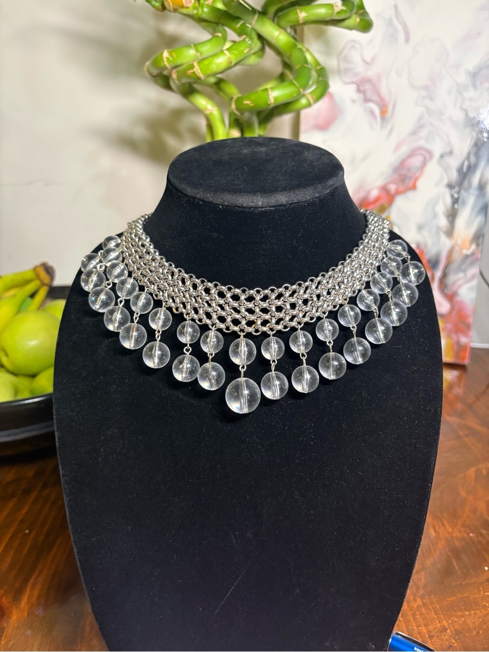 Clear Bead Fringe Silver-Tone Statement Necklace